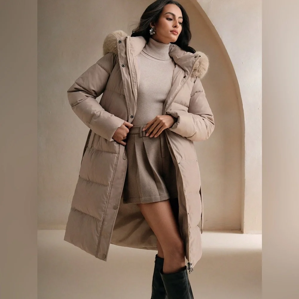 Faux fur lined hooded quilted puffer jacket long full length coat belted black - Picture 8 of 13